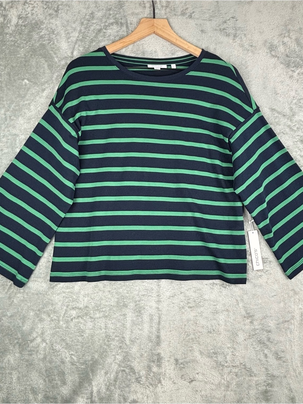 Chico’s Top Womens 1 (Medium) Green Blue Stripe 3/4 Sleeve Twisted Ivy Nautical